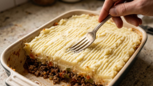 HelloFresh Shepherd's Pie Recipe 20 Fork ridges created on mashed potato topping before baking shepherd's pie.