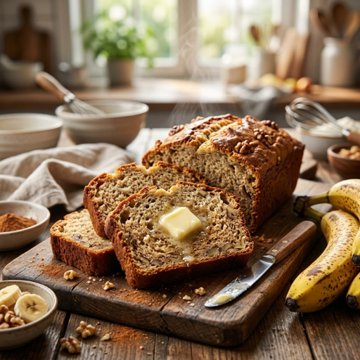 Banana Bread Recipe: The Best Moist & Easy Homemade Loaf 13 Freshly baked moist banana bread recipe sliced on a wooden board with ripe bananas and butter, showing soft fluffy texture and golden crust.