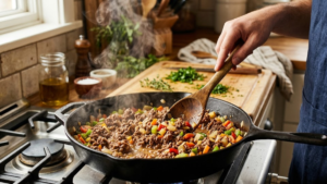 HelloFresh Shepherd's Pie Recipe 16 Ground beef cooking with vegetables for HelloFresh Shepherd's Pie Recipe.