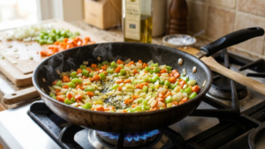 HelloFresh Shepherd's Pie Recipe 15 Onions, carrots, and celery sautéing in a skillet for shepherd's pie filling.