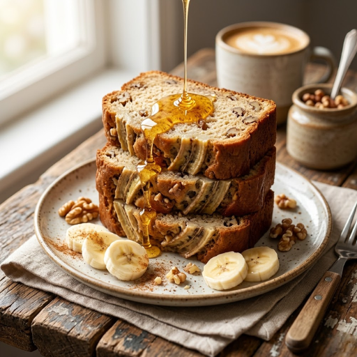 Banana Bread Recipe: The Best Moist & Easy Homemade Loaf 12 Thick slices of homemade banana bread recipe served on a plate with banana slices and walnuts in a cozy breakfast setting.