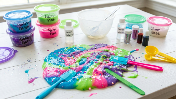Borax Goop Recipe 12 Colorful homemade borax goop slime with neon stretchy texture, glitter slime spread across a bright table with DIY slime tools and vibrant sensory play setup.