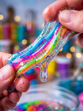 Borax Goop Recipe 13 Close-up of transparent rainbow borax goop slime with glitter being stretched between fingers, featuring glossy colorful stripes and sparkling homemade slime texture.