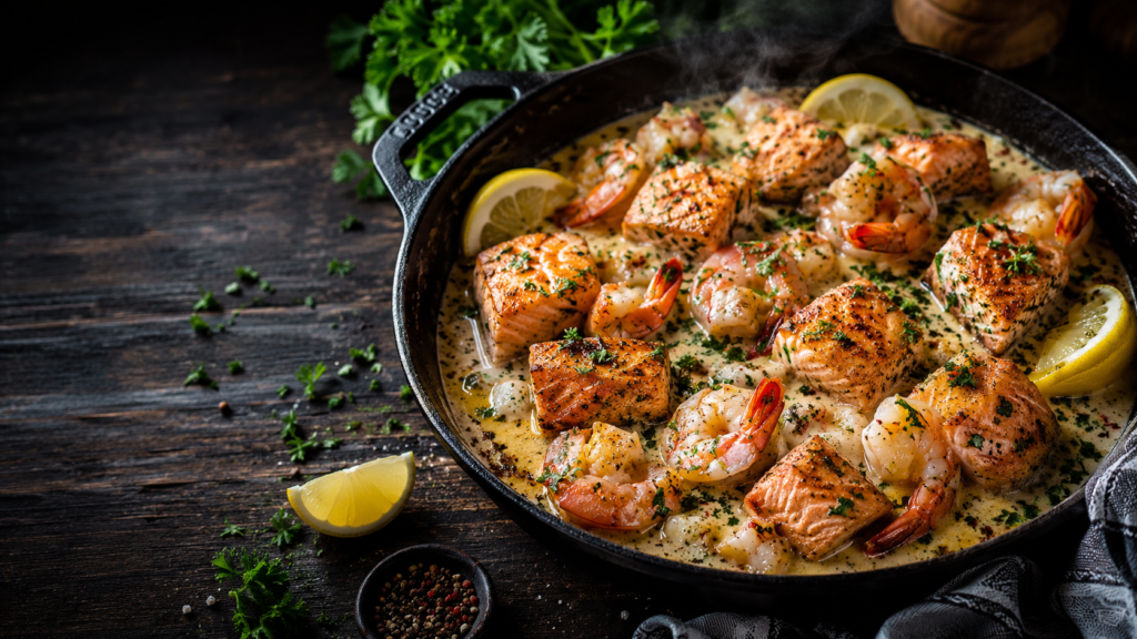 Puffin bird recipe 12 Nordic-inspired puffin bird recipe with creamy salmon and shrimp skillet in garlic herb sauce.