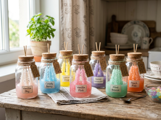 Rock Candy Recipe: How to Make Homemade Rock Candy Easily 12 Glass jars filled with colorful homemade rock candy crystals. - Rock Candy Recipe