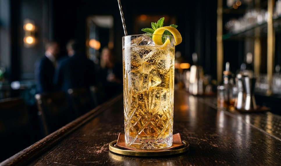 Highball Drink Recipe 12 Refreshing whiskey highball cocktail with soda water, ice cubes, and lemon garnish in a luxury bar setting. - Highball Drink Recipe