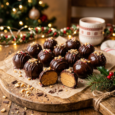 Peanut Butter Balls Recipe 14 Homemade peanut butter balls coated in glossy chocolate and arranged on a parchment-lined tray with peanut butter filling visible inside.