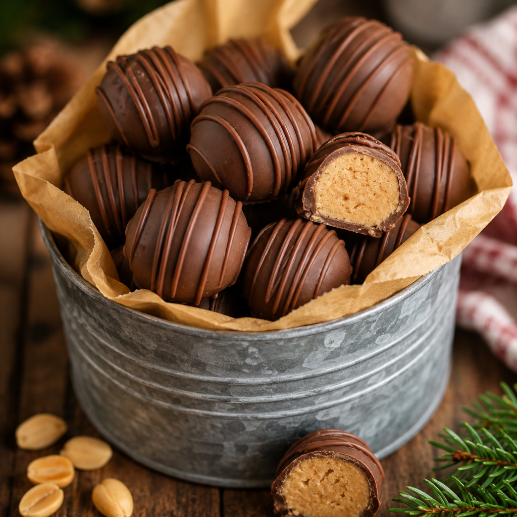 Peanut Butter Balls Recipe 12 Homemade chocolate peanut butter balls in a rustic metal bucket, decorated with chocolate drizzle and creamy peanut butter filling visible inside. - Peanut Butter Balls Recipe