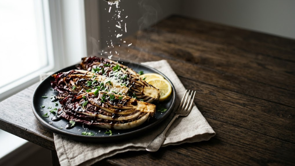 Radiccio Recipe 12 roasted radiccio wedges topped with Parmesan cheese and balsamic glaze on a rustic platter. - Radiccio Recipe