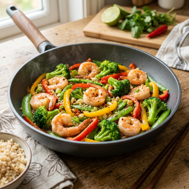 10 Weight Loss Recipes That Are Healthy, Delicious, and Easy to Make 20 Shrimp stir fry with colorful vegetables in a skillet.