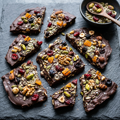 15 Protein Dessert Recipes: Healthy High-Protein Treats That Taste Amazing 25 Chocolate protein bark with nuts and dried fruit.